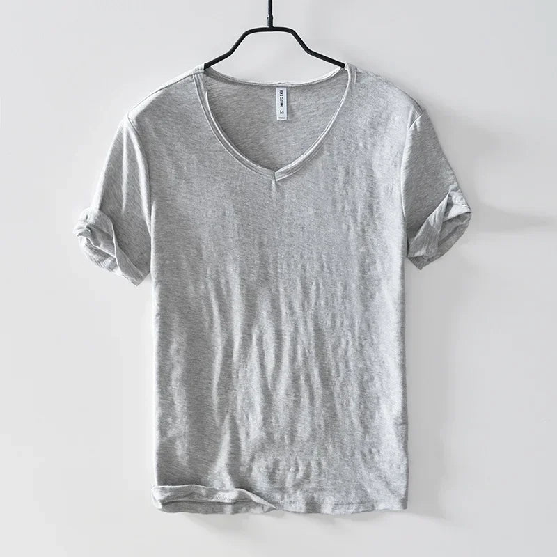 Summer New 100% Cotton T-shirt Men V - neck Solid Color Casual T Shirt Basic Tees Plus Size Short Sleeve Tops Y2449 - StepByStepNow