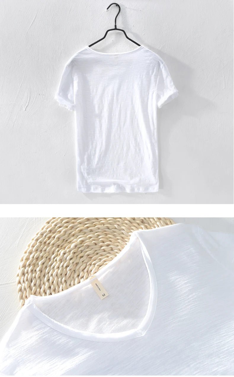 Summer New 100% Cotton T-shirt Men V - neck Solid Color Casual T Shirt Basic Tees Plus Size Short Sleeve Tops Y2449 - StepByStepNow