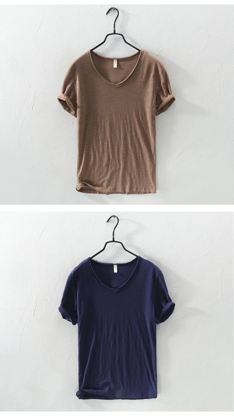 Summer New 100% Cotton T-shirt Men V - neck Solid Color Casual T Shirt Basic Tees Plus Size Short Sleeve Tops Y2449 - StepByStepNow