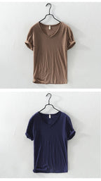 Summer New 100% Cotton T-shirt Men V - neck Solid Color Casual T Shirt Basic Tees Plus Size Short Sleeve Tops Y2449 - StepByStepNow