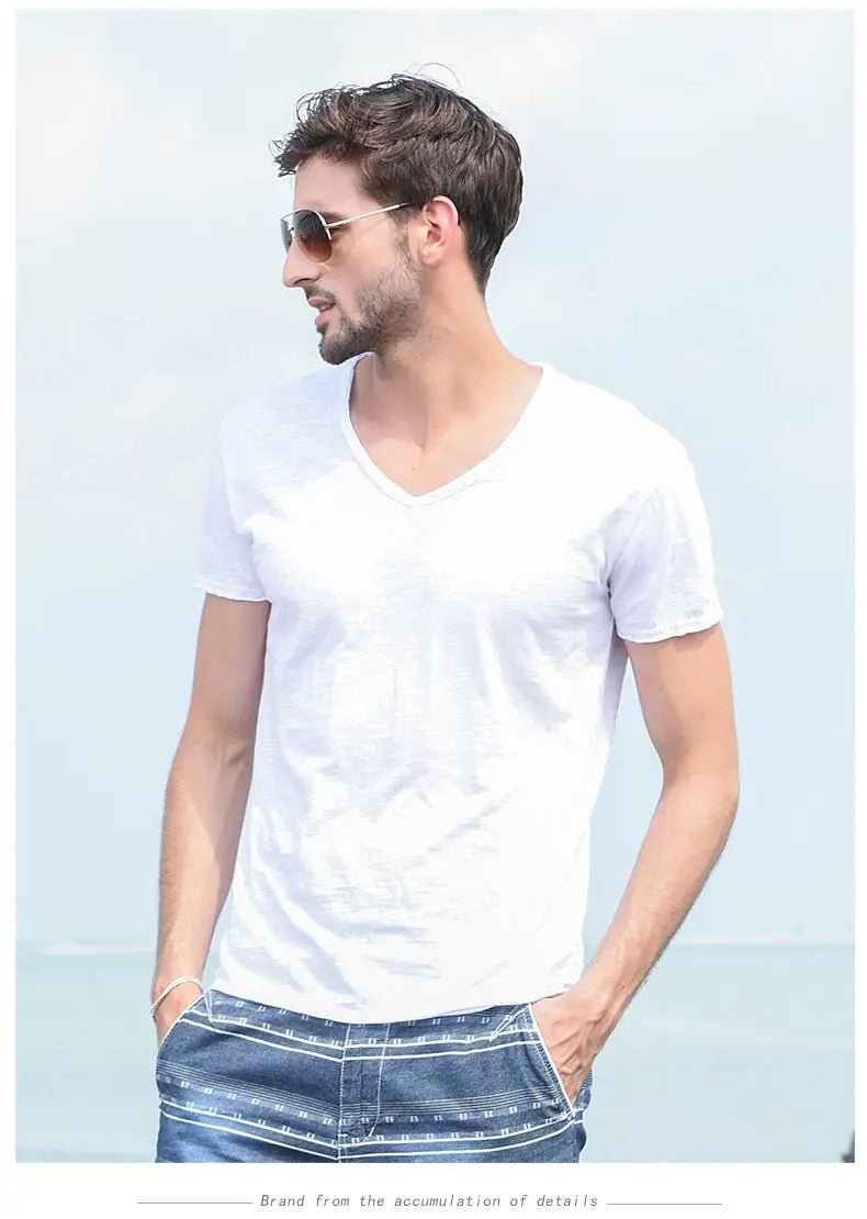 Summer New 100% Cotton T-shirt Men V - neck Solid Color Casual T Shirt Basic Tees Plus Size Short Sleeve Tops Y2449 - StepByStepNow