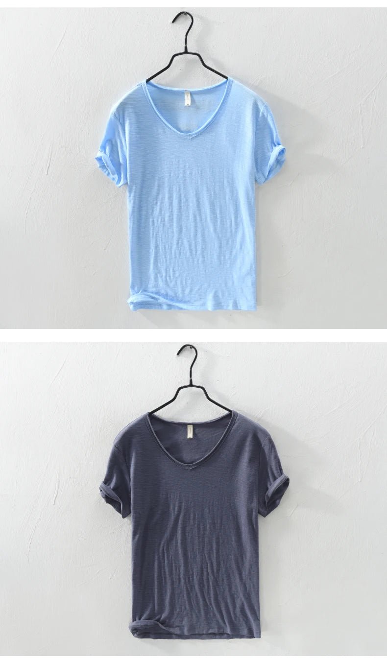 Summer New 100% Cotton T-shirt Men V - neck Solid Color Casual T Shirt Basic Tees Plus Size Short Sleeve Tops Y2449 - StepByStepNow