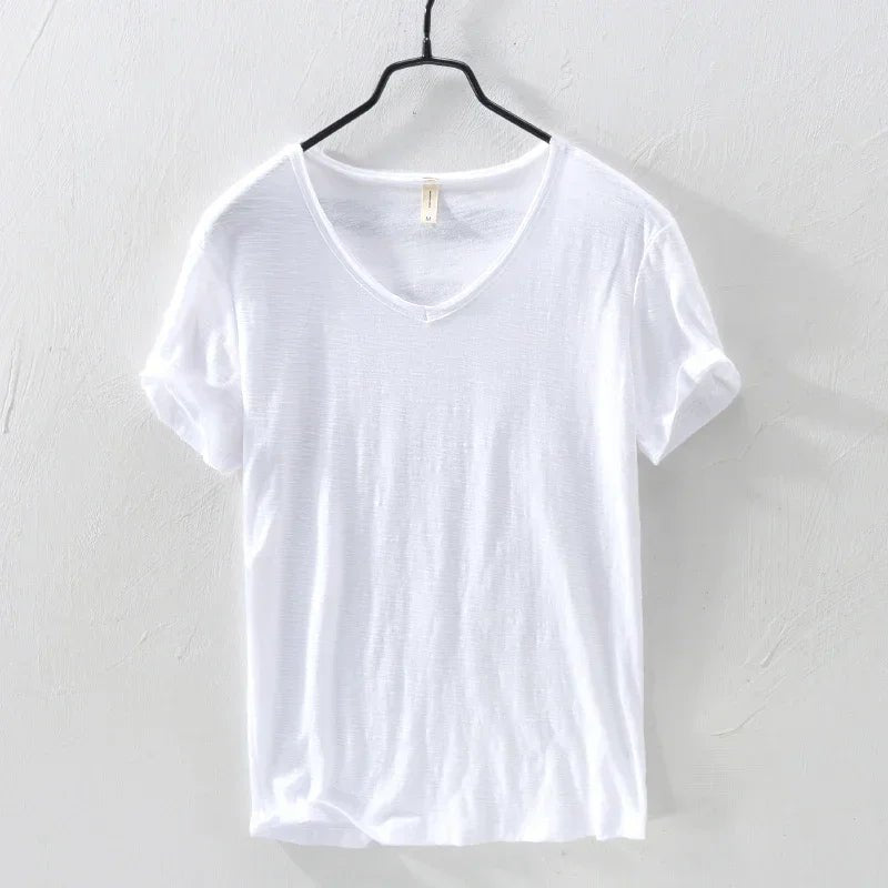 Summer New 100% Cotton T-shirt Men V - neck Solid Color Casual T Shirt Basic Tees Plus Size Short Sleeve Tops Y2449 - StepByStepNow