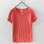Summer New 100% Cotton T-shirt Men V - neck Solid Color Casual T Shirt Basic Tees Plus Size Short Sleeve Tops Y2449 - StepByStepNow