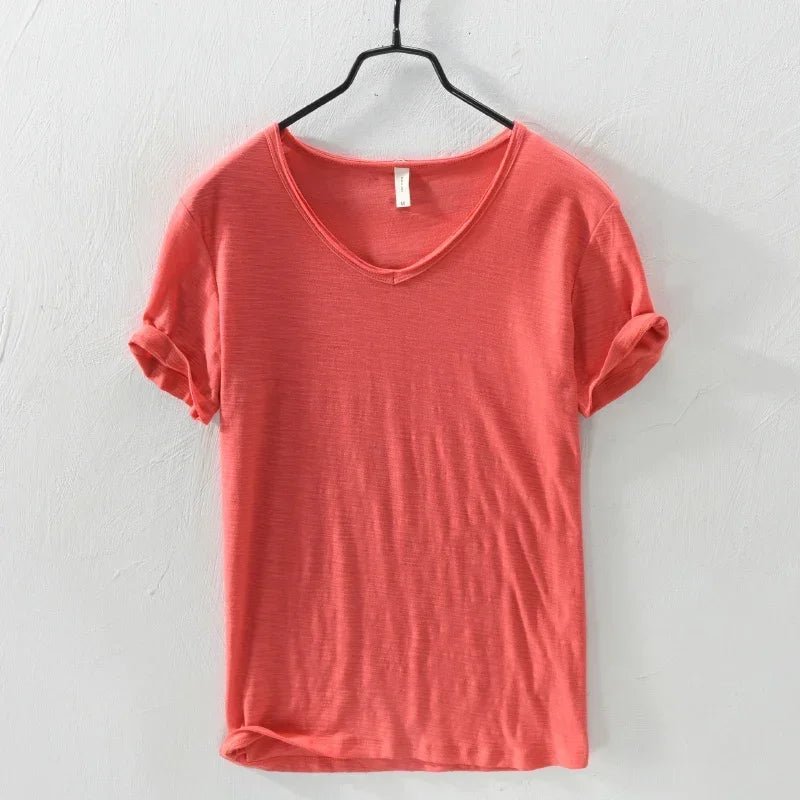 Summer New 100% Cotton T-shirt Men V - neck Solid Color Casual T Shirt Basic Tees Plus Size Short Sleeve Tops Y2449 - StepByStepNow