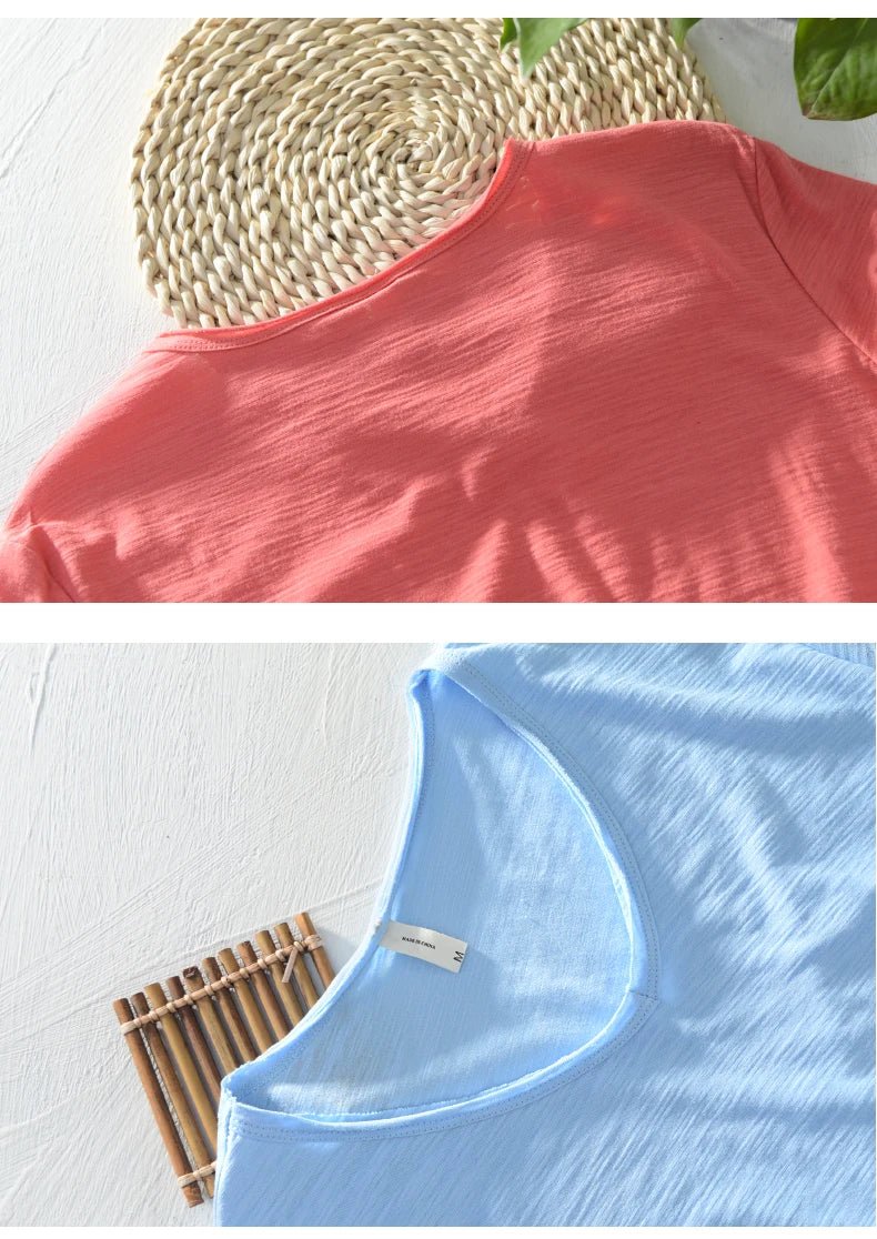Summer New 100% Cotton T-shirt Men V - neck Solid Color Casual T Shirt Basic Tees Plus Size Short Sleeve Tops Y2449 - StepByStepNow