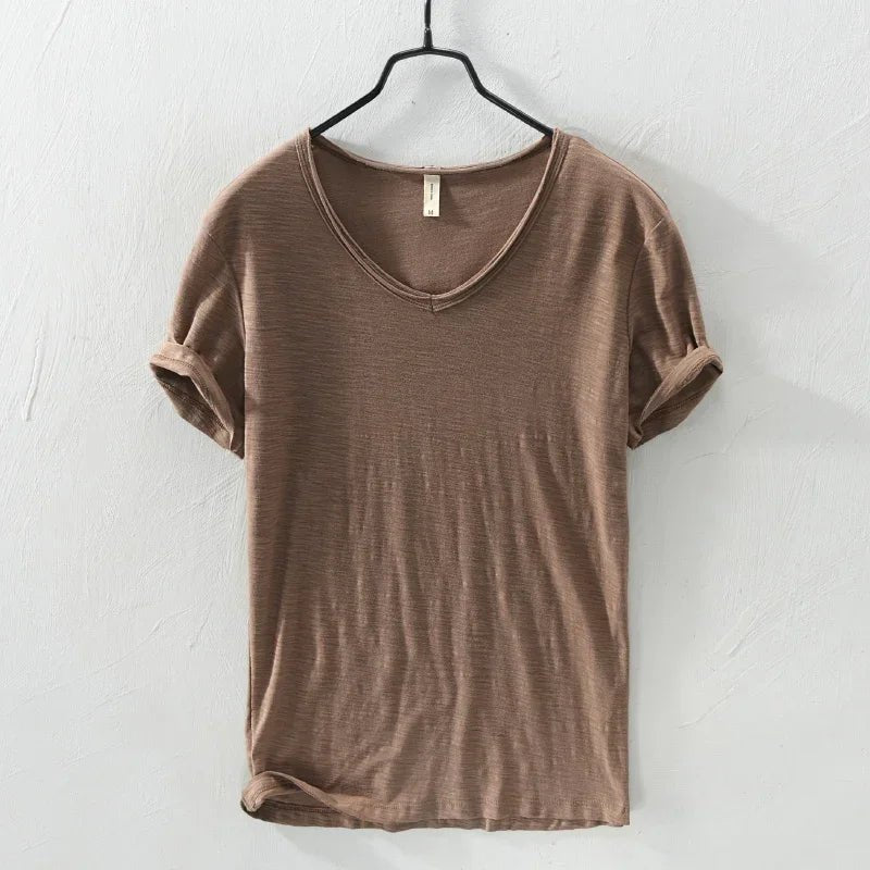 Summer New 100% Cotton T-shirt Men V - neck Solid Color Casual T Shirt Basic Tees Plus Size Short Sleeve Tops Y2449 - StepByStepNow