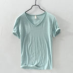 Summer New 100% Cotton T-shirt Men V - neck Solid Color Casual T Shirt Basic Tees Plus Size Short Sleeve Tops Y2449 - StepByStepNow