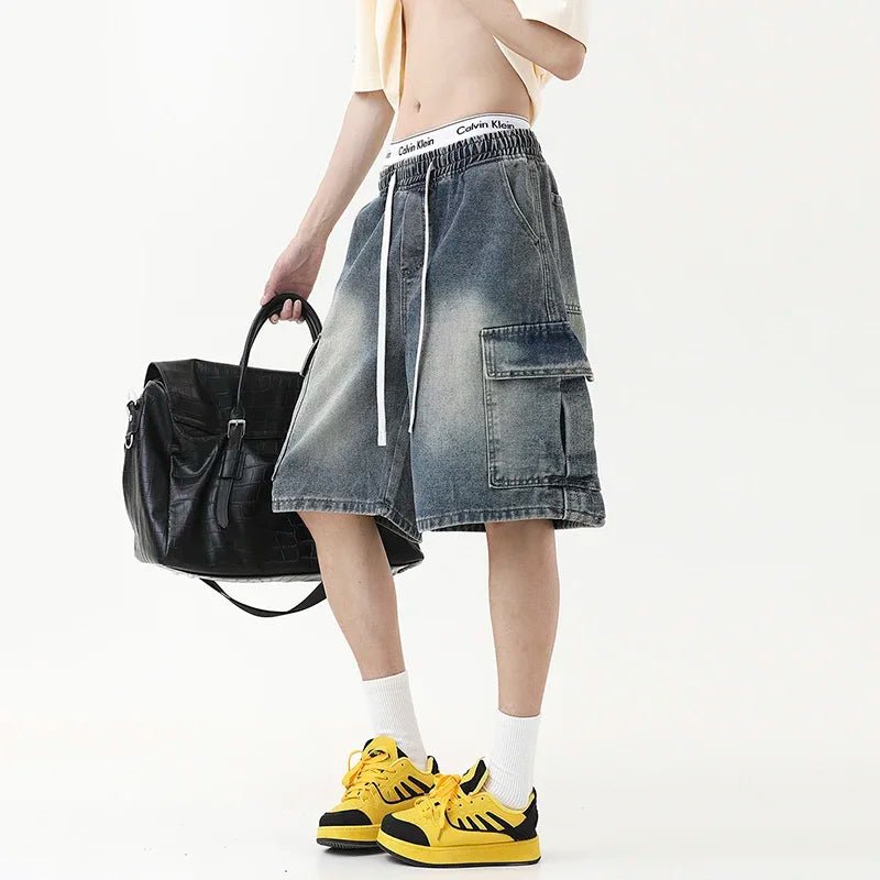 Summer New Mens Loose Denim Shorts Elastic Waist Fashion Baggy Knee - length Cargo Shorts Streetwear Casual Short Jeans - StepByStepNow