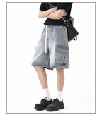 Summer New Mens Loose Denim Shorts Elastic Waist Fashion Baggy Knee - length Cargo Shorts Streetwear Casual Short Jeans - StepByStepNow