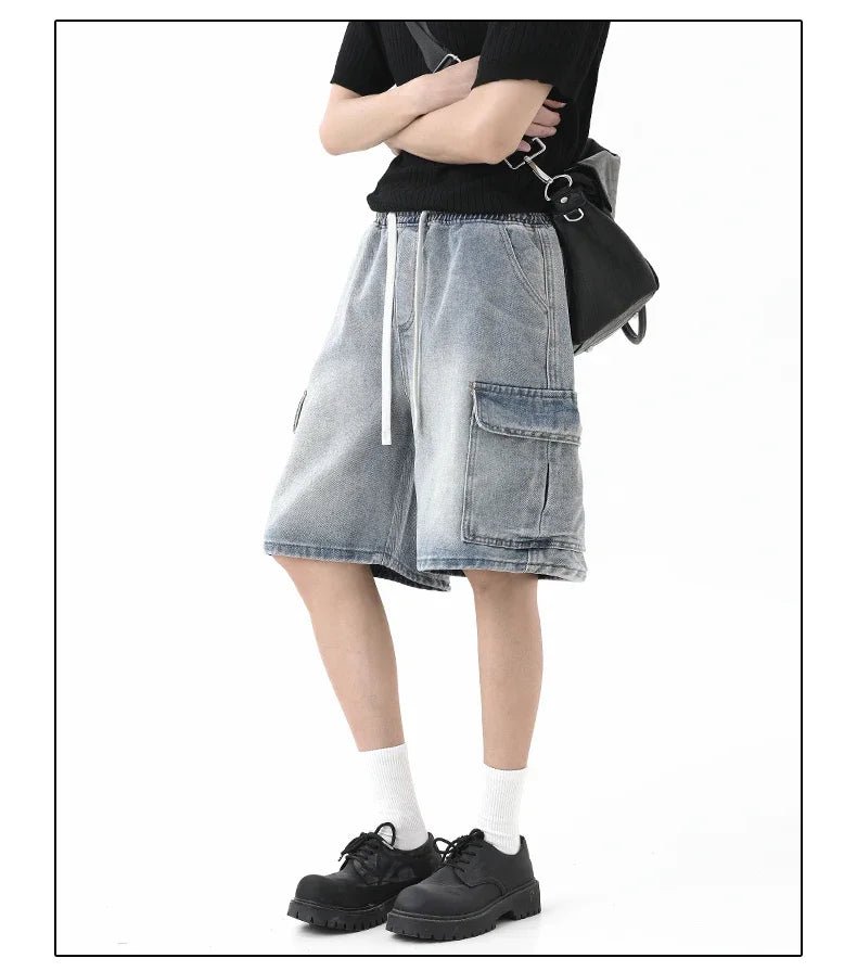 Summer New Mens Loose Denim Shorts Elastic Waist Fashion Baggy Knee - length Cargo Shorts Streetwear Casual Short Jeans - StepByStepNow