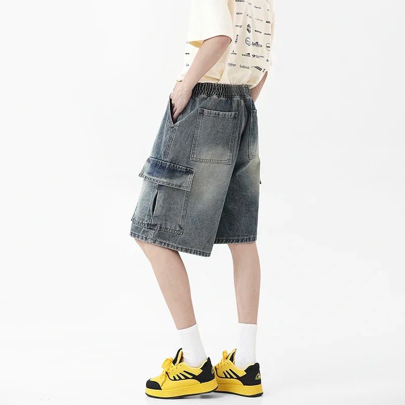 Summer New Mens Loose Denim Shorts Elastic Waist Fashion Baggy Knee - length Cargo Shorts Streetwear Casual Short Jeans - StepByStepNow