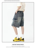 Summer New Mens Loose Denim Shorts Elastic Waist Fashion Baggy Knee - length Cargo Shorts Streetwear Casual Short Jeans - StepByStepNow