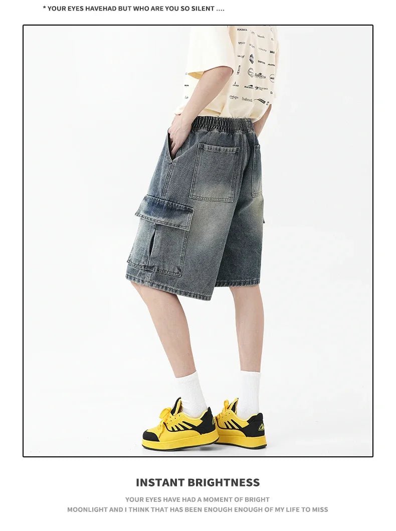 Summer New Mens Loose Denim Shorts Elastic Waist Fashion Baggy Knee - length Cargo Shorts Streetwear Casual Short Jeans - StepByStepNow