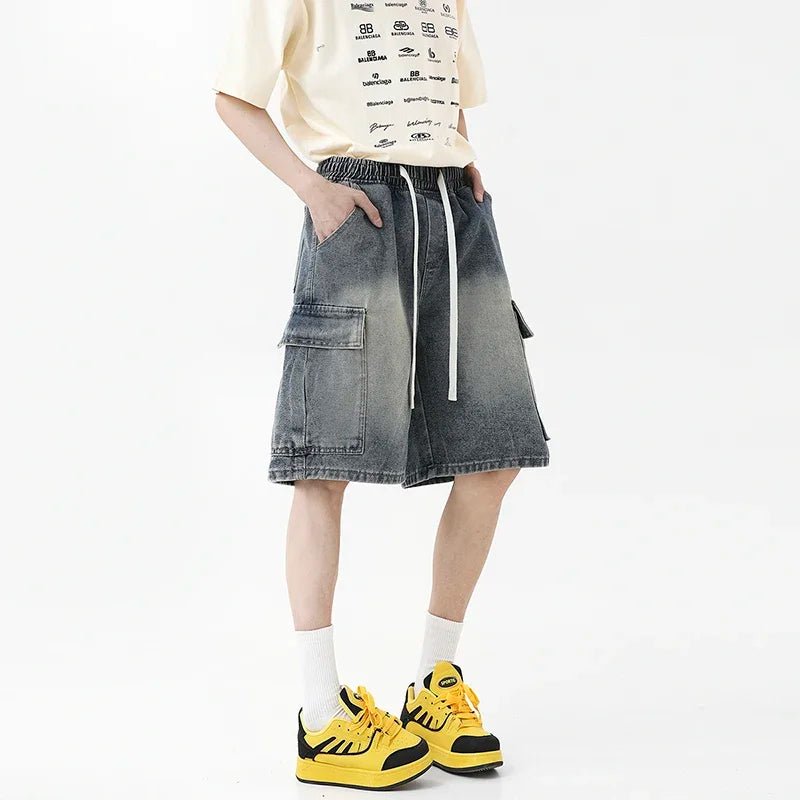 Summer New Mens Loose Denim Shorts Elastic Waist Fashion Baggy Knee - length Cargo Shorts Streetwear Casual Short Jeans - StepByStepNow