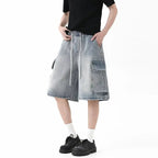 Summer New Mens Loose Denim Shorts Elastic Waist Fashion Baggy Knee - length Cargo Shorts Streetwear Casual Short Jeans - StepByStepNow