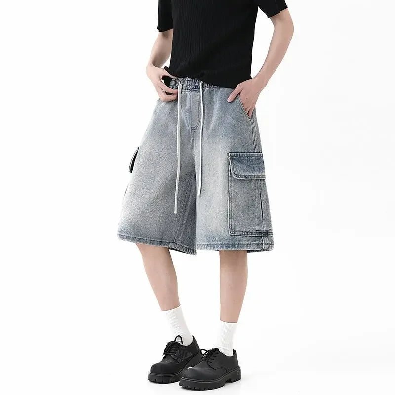 Summer New Mens Loose Denim Shorts Elastic Waist Fashion Baggy Knee - length Cargo Shorts Streetwear Casual Short Jeans - StepByStepNow