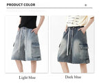 Summer New Mens Loose Denim Shorts Elastic Waist Fashion Baggy Knee - length Cargo Shorts Streetwear Casual Short Jeans - StepByStepNow