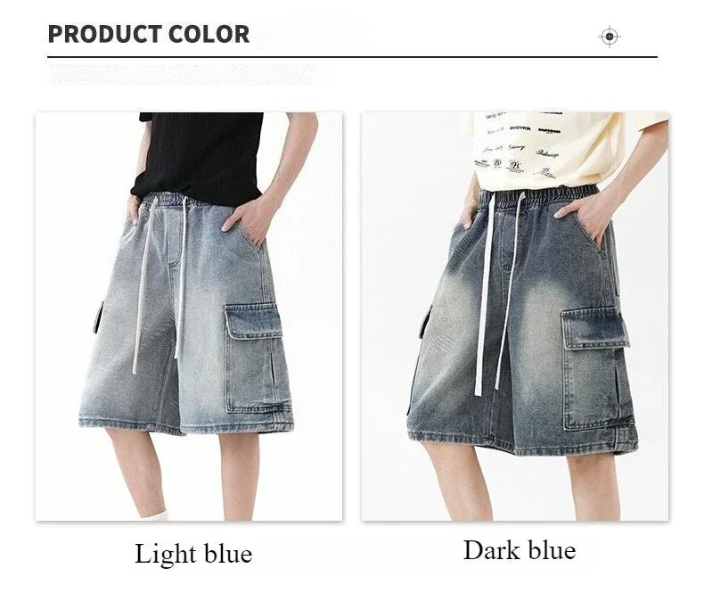 Summer New Mens Loose Denim Shorts Elastic Waist Fashion Baggy Knee - length Cargo Shorts Streetwear Casual Short Jeans - StepByStepNow