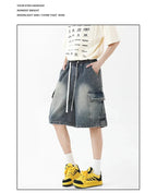 Summer New Mens Loose Denim Shorts Elastic Waist Fashion Baggy Knee - length Cargo Shorts Streetwear Casual Short Jeans - StepByStepNow
