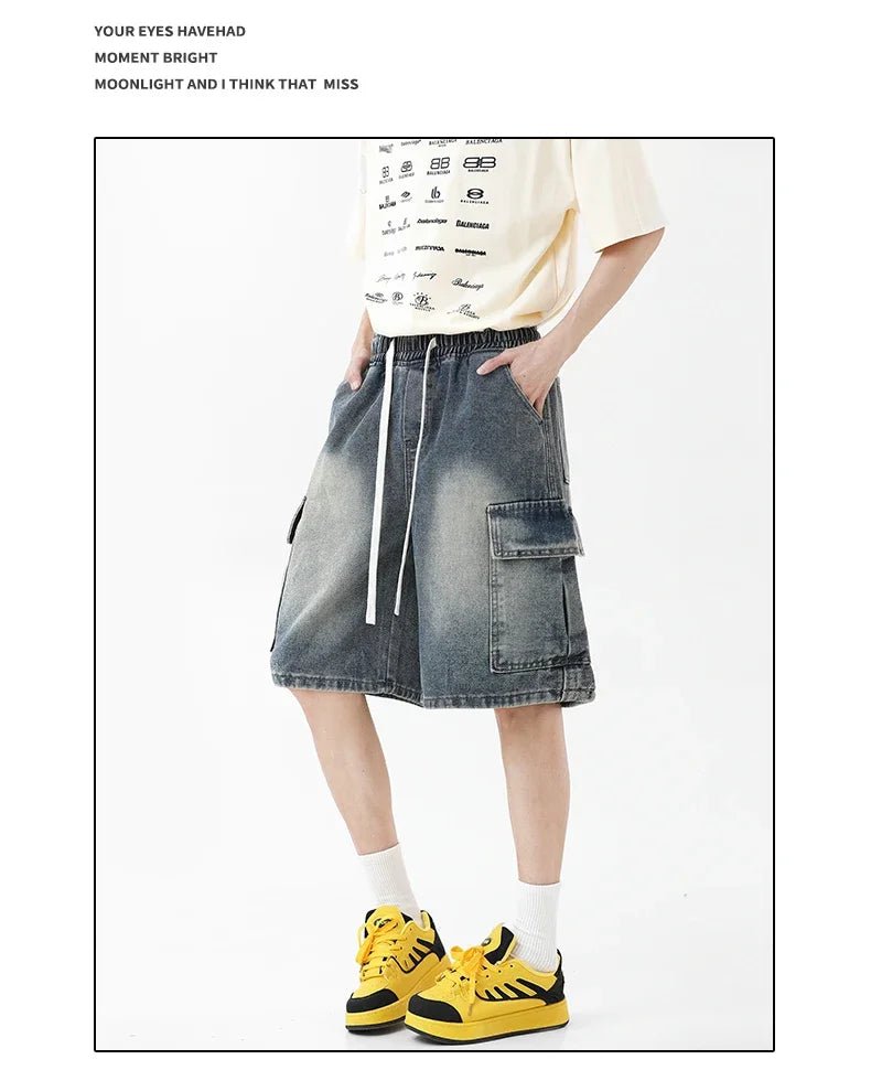 Summer New Mens Loose Denim Shorts Elastic Waist Fashion Baggy Knee - length Cargo Shorts Streetwear Casual Short Jeans - StepByStepNow