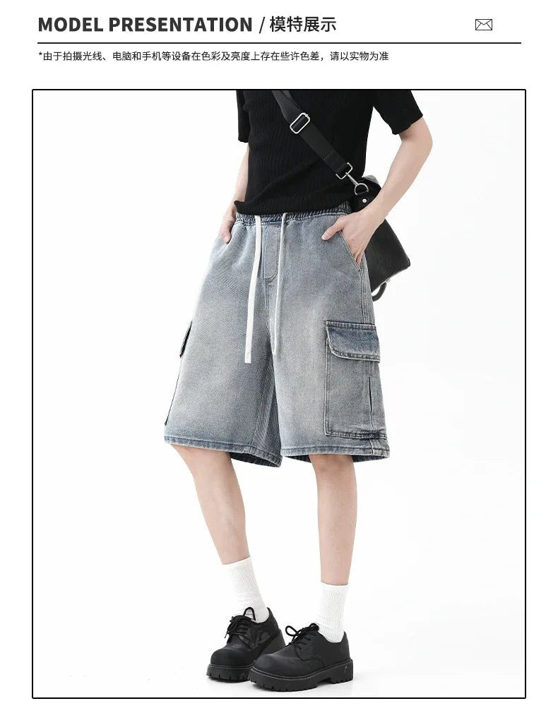 Summer New Mens Loose Denim Shorts Elastic Waist Fashion Baggy Knee - length Cargo Shorts Streetwear Casual Short Jeans - StepByStepNow
