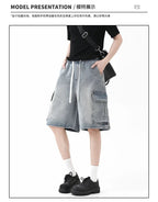 Summer New Mens Loose Denim Shorts Elastic Waist Fashion Baggy Knee - length Cargo Shorts Streetwear Casual Short Jeans - StepByStepNow