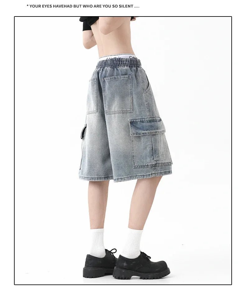 Summer New Mens Loose Denim Shorts Elastic Waist Fashion Baggy Knee - length Cargo Shorts Streetwear Casual Short Jeans - StepByStepNow