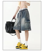 Summer New Mens Loose Denim Shorts Elastic Waist Fashion Baggy Knee - length Cargo Shorts Streetwear Casual Short Jeans - StepByStepNow