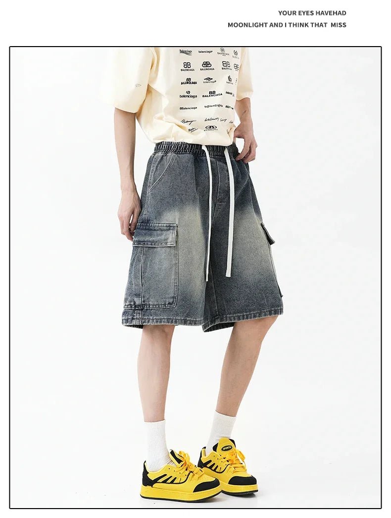 Summer New Mens Loose Denim Shorts Elastic Waist Fashion Baggy Knee - length Cargo Shorts Streetwear Casual Short Jeans - StepByStepNow