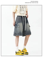 Summer New Mens Loose Denim Shorts Elastic Waist Fashion Baggy Knee - length Cargo Shorts Streetwear Casual Short Jeans - StepByStepNow