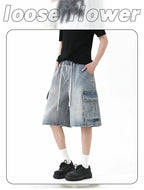 Summer New Mens Loose Denim Shorts Elastic Waist Fashion Baggy Knee - length Cargo Shorts Streetwear Casual Short Jeans - StepByStepNow