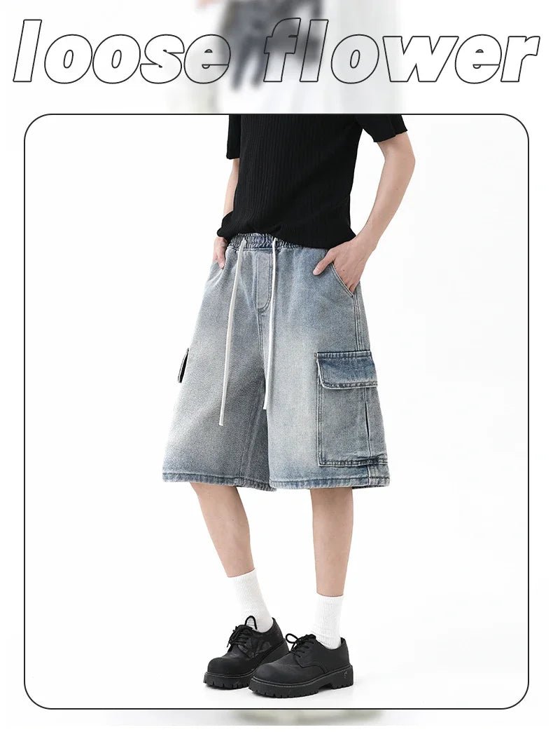 Summer New Mens Loose Denim Shorts Elastic Waist Fashion Baggy Knee - length Cargo Shorts Streetwear Casual Short Jeans - StepByStepNow