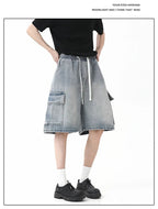 Summer New Mens Loose Denim Shorts Elastic Waist Fashion Baggy Knee - length Cargo Shorts Streetwear Casual Short Jeans - StepByStepNow