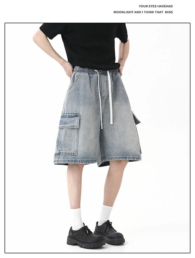 Summer New Mens Loose Denim Shorts Elastic Waist Fashion Baggy Knee - length Cargo Shorts Streetwear Casual Short Jeans - StepByStepNow