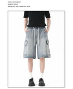 Summer New Mens Loose Denim Shorts Elastic Waist Fashion Baggy Knee - length Cargo Shorts Streetwear Casual Short Jeans - StepByStepNow