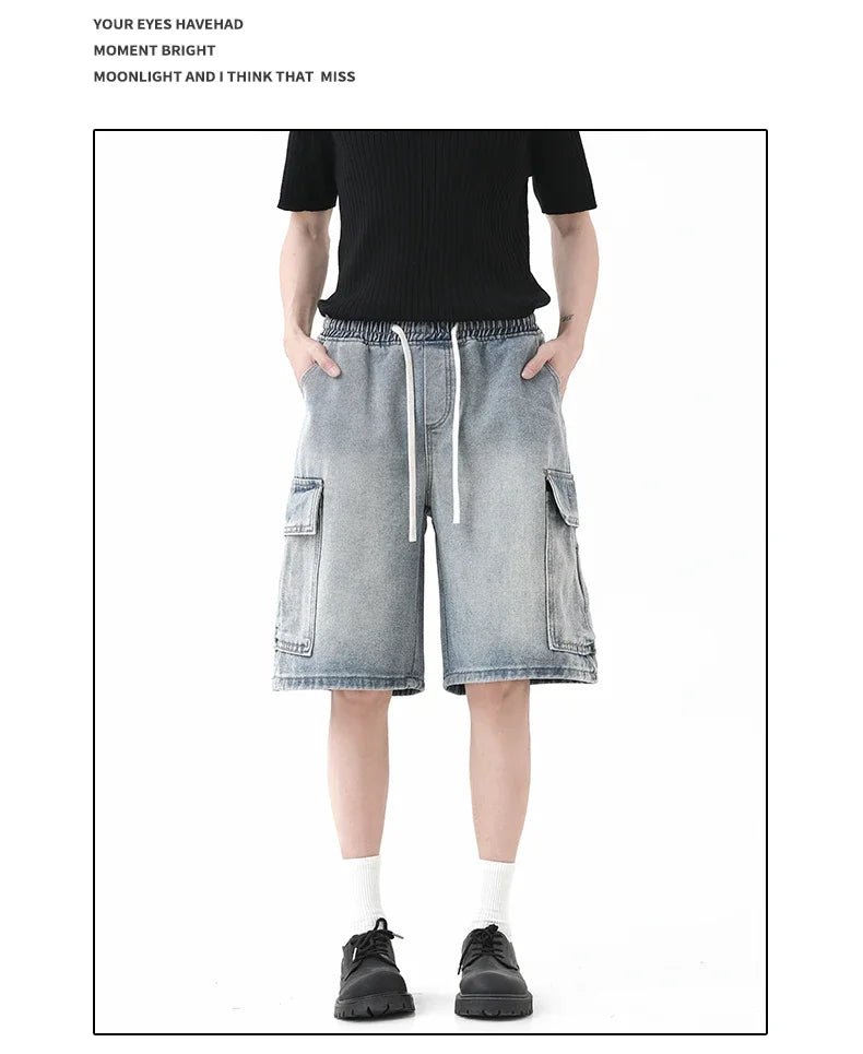 Summer New Mens Loose Denim Shorts Elastic Waist Fashion Baggy Knee - length Cargo Shorts Streetwear Casual Short Jeans - StepByStepNow