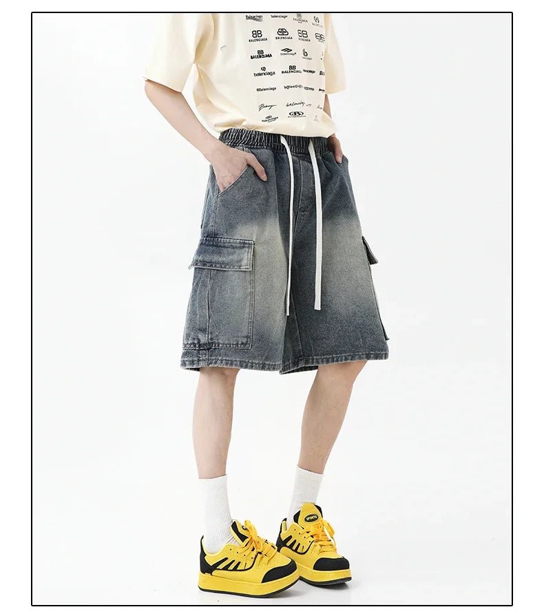 Summer New Mens Loose Denim Shorts Elastic Waist Fashion Baggy Knee - length Cargo Shorts Streetwear Casual Short Jeans - StepByStepNow