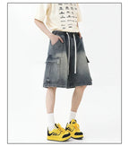 Summer New Mens Loose Denim Shorts Elastic Waist Fashion Baggy Knee - length Cargo Shorts Streetwear Casual Short Jeans - StepByStepNow