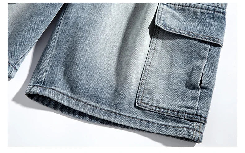 Summer New Mens Loose Denim Shorts Elastic Waist Fashion Baggy Knee - length Cargo Shorts Streetwear Casual Short Jeans - StepByStepNow