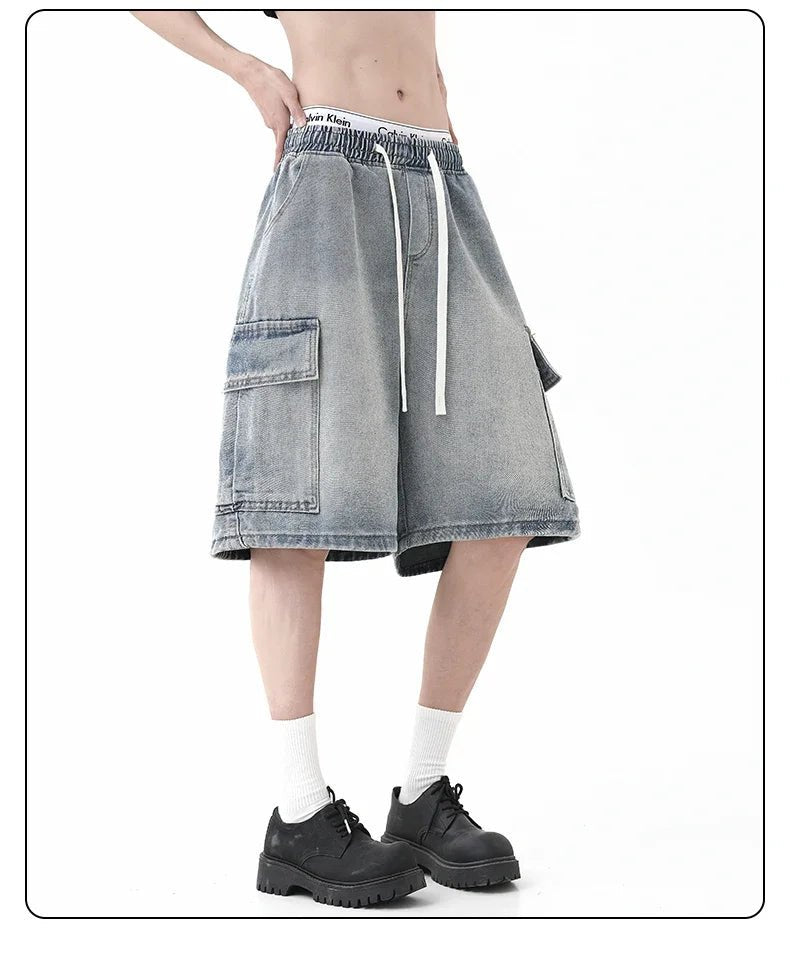 Summer New Mens Loose Denim Shorts Elastic Waist Fashion Baggy Knee - length Cargo Shorts Streetwear Casual Short Jeans - StepByStepNow