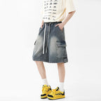 Summer New Mens Loose Denim Shorts Elastic Waist Fashion Baggy Knee - length Cargo Shorts Streetwear Casual Short Jeans - StepByStepNow