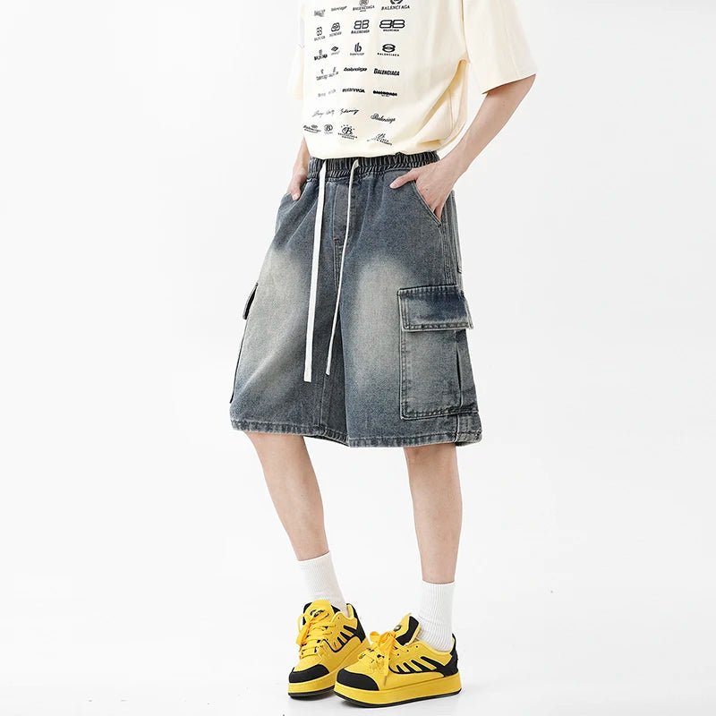 Summer New Mens Loose Denim Shorts Elastic Waist Fashion Baggy Knee - length Cargo Shorts Streetwear Casual Short Jeans - StepByStepNow