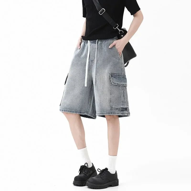 Summer New Mens Loose Denim Shorts Elastic Waist Fashion Baggy Knee - length Cargo Shorts Streetwear Casual Short Jeans - StepByStepNow