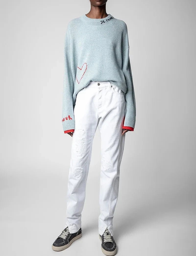 Super chic lettera ricamo maglione donna autunno inverno orlo asimmetrico Pullover di lana Streetwear maglioni maglioni donna - StepByStepNow