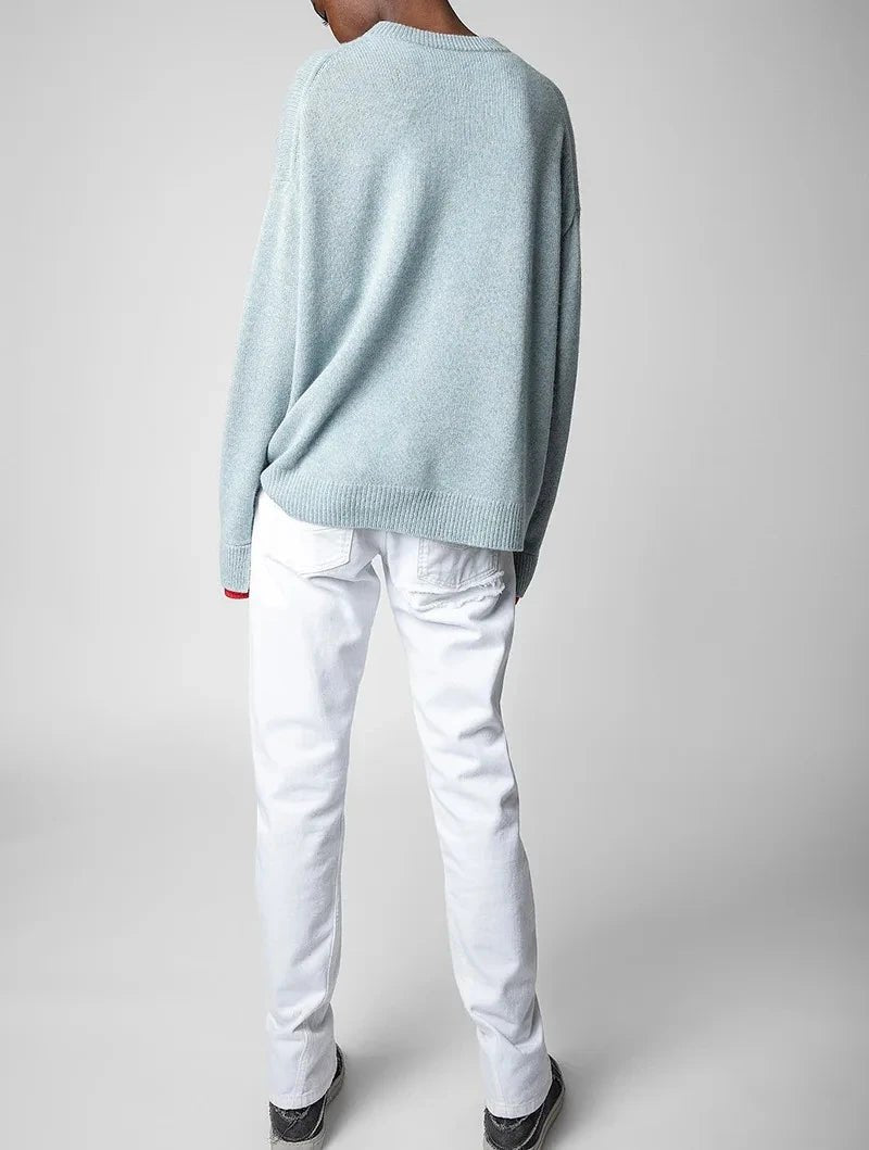 Super chic lettera ricamo maglione donna autunno inverno orlo asimmetrico Pullover di lana Streetwear maglioni maglioni donna - StepByStepNow