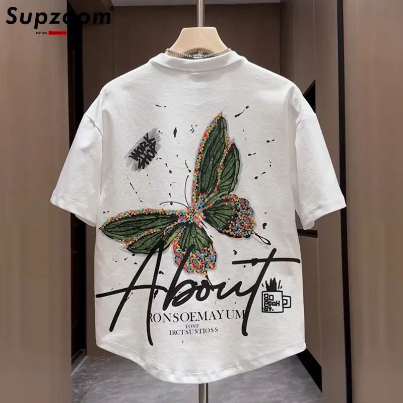 Supzoom New Arrival Summer Top Fashion Printed Butterfly Short O - neck Casual Hip Hop Heavy Texture Cotton Ins Loose Men Tshirt - StepByStepNow