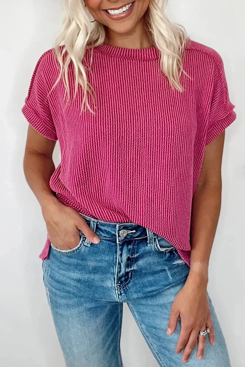 Textured Knit T-shirt - Rose Red - StepByStep