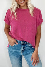 Textured Knit T-shirt - Rose Red - StepByStep