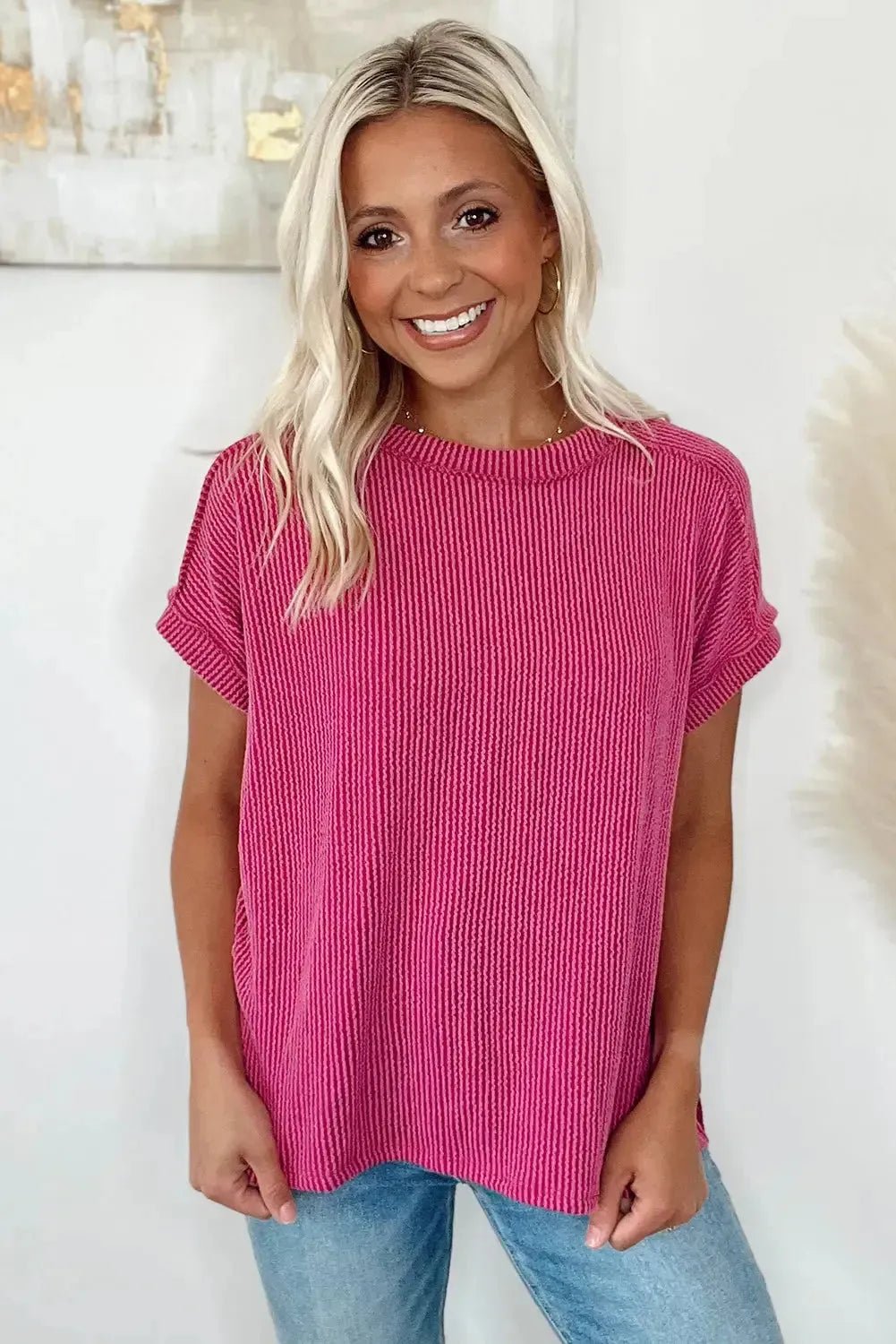 Textured Knit T-shirt - Rose Red - StepByStep